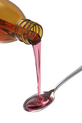 Pouring cough medicine syrup into spoon on transparent background