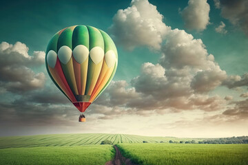 Fototapeta premium hot air balloon on the background of a green field and sunny landscape copy space Generative AI