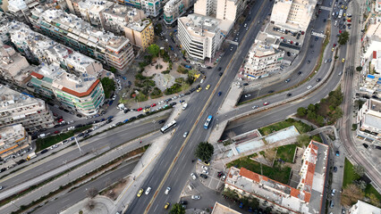 Aerial drone photo of famous avenue of Syggrou and urban cityscape leading to Athens riviera, Attica, Greece