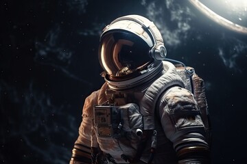 An astronaut in a spacesuit flies in outer space near the orbit of the planet Earth, generative AI.