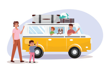 Young family with two children and a dog going for a road trip by yellow mini van.