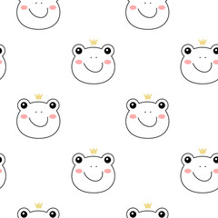 Frog princess doodle style. Hand drawn seamless pattern with cute cartoon frog with crown. Kids background. Kids design texture for fabric, wrapping, textile, decor. Vector illustration