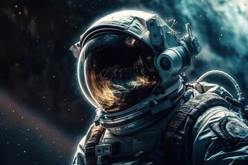 Fototapeta na wymiar An astronaut in a spacesuit flies in outer space near the orbit of the planet Earth, generative AI.