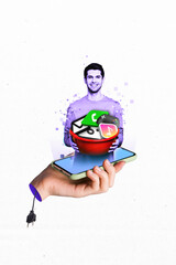 Creative template virtual collage pf holographic assistant man hold many app users download from...