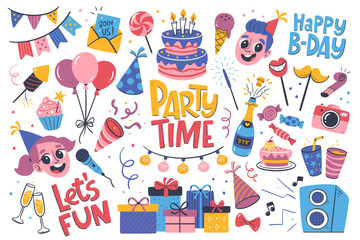 Kids party design elements for invitations, greeting cards, backgrounds... Happy birthday hand drawn set. Party garlands, gift boxes, cake with candles, fireworks, confetti, party hats, music, balloon - obrazy, fototapety, plakaty