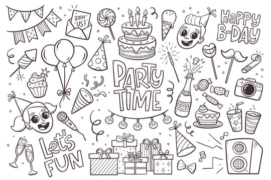 Kids party doodle elements for invitations, greeting cards, backgrounds... Happy birthday hand drawn set. Party garlands, gift boxes, cake with candles, fireworks, confetti, party hats, music, balloon