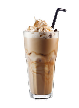 Coffe frappe in a glass with a straw on cutout PNG transparent background. Generative AI