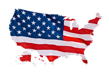 American flag in the shape of a US map isolated on transparent background, american presidential election 2024, png file