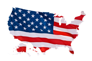 American flag in the shape of a US map isolated on white or transparent background, memorial day, 4th of July Independence day, national holiday,  png cut out