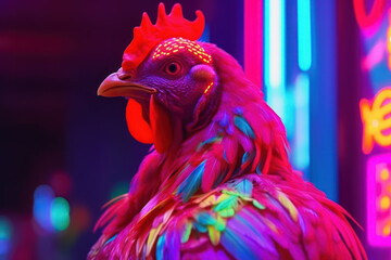 disco cock with neon light, chicken retro cyber style Generative AI