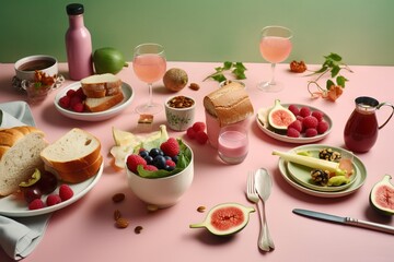  a pink table topped with plates and bowls of food next to a bowl of fruit and a bowl of bread and a glass of wine.  generative ai