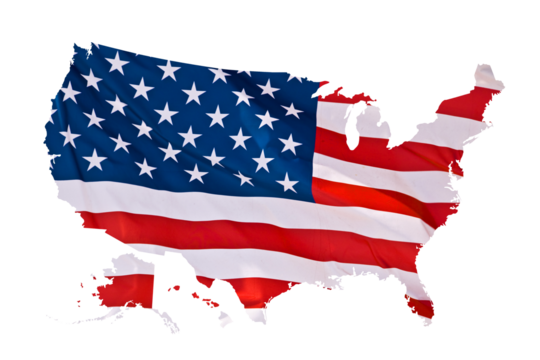 American flag in the shape of a US map isolated on white or transparent background, memorial day, 4th of July Independence day, national holiday,  png cut out