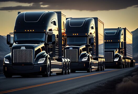 A Fleet Of Black Self-driving Electric Semi Trucks Driving On Highway. 3D Rendering Image. Generative AI