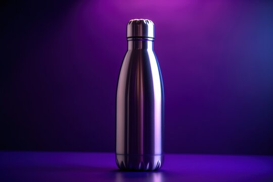  a shiny metal bottle on a purple and blue background with a spotlight on the bottom of the bottle and a purple light on the bottom of the bottle.  generative ai