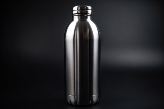  a stainless steel water bottle on a black background with a reflection of the bottle in the bottom of the bottle and a black background behind it.  generative ai