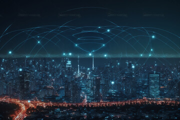 Modern city with wireless network connection and city scape concept. Wireless network and Connection technology concept with city background at night, Generative AI	