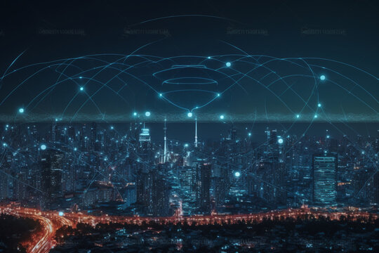 Modern city with wireless network connection and city scape concept. Wireless network and Connection technology concept with city background at night, Generative AI	