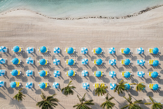 Aerial View of parasols along the beach, CocoCay, the Bahamas.