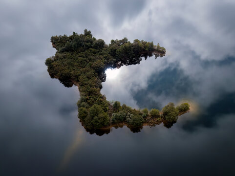 Aerial view of L&uacute;a Island in abandoned quarry near Carballido, Lugo, Galicia, Spain.