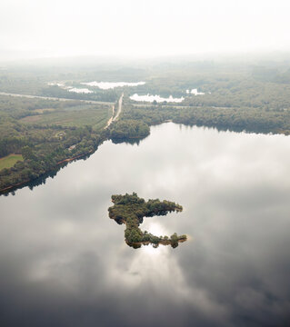 Aerial view of L&uacute;a Island in abandoned quarry near Carballido, Lugo, Galicia, Spain.