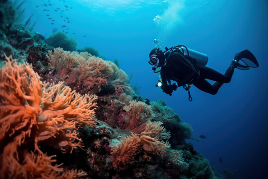 scuba diver swims among fish and red coral reef.Generative AI