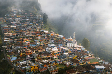 Aerial view of Nepal Van Javaon village on top of volcano Sumbing, Borobudur, Magelang, Central Java, Indonesia.