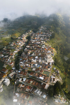 Aerial view of Nepal Van Javaon village on top of volcano Sumbing, Borobudur, Magelang, Central Java, Indonesia.