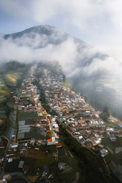 Aerial view of Nepal Van Javaon village on top of volcano Sumbing, Borobudur, Magelang, Central Java, Indonesia.
