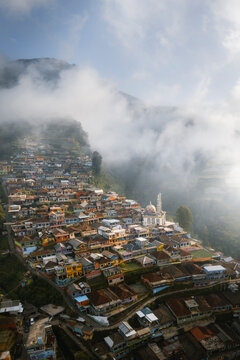 Aerial view of Nepal Van Javaon village on top of volcano Sumbing, Borobudur, Magelang, Central Java, Indonesia.