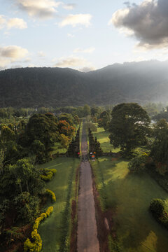 Aerial view of Handara Gate in the north of Bali at early morning light, Buleleng, Bedugul, Indonesia.