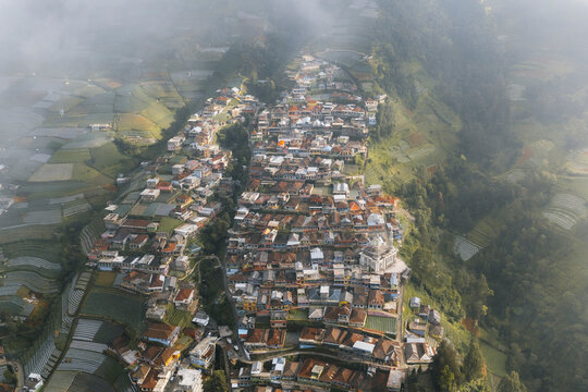 Aerial view of Nepal Van Javaon village on top of volcano Sumbing, Borobudur, Magelang, Central Java, Indonesia.