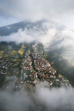 Aerial view of Nepal Van Javaon village on top of volcano Sumbing, Borobudur, Magelang, Central Java, Indonesia.