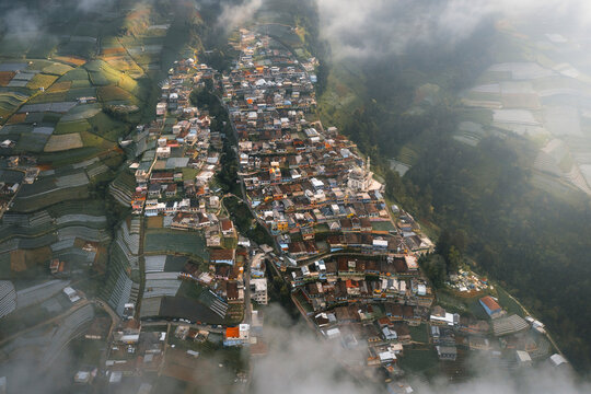 Aerial view of Nepal Van Javaon village on top of volcano Sumbing, Borobudur, Magelang, Central Java, Indonesia.