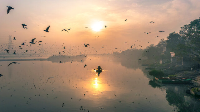 Aerial view of a boat sailing along the Yamuna river at sunset surrounded by seagulls along the coast in New Delhi, India.