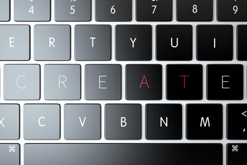 Creative. Text sign over laptop keyboard. 3D Rendering