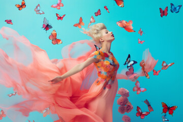 woman falling colorful peony flying spring art beauty fashion artwork flower. Generative AI.