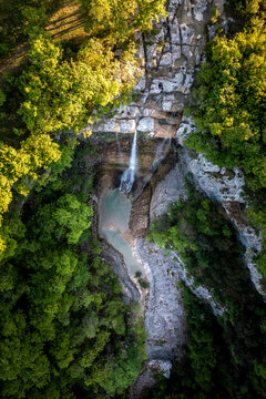 Aerial view of Benkovski waterfall, near the town of Pican, located in central Istria, Croatia.