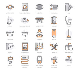 Plumbing service vector flat line icons. Bathroom equipment, faucet, toilet, pipeline leakage repair, dishwasher. Plumber illustration, thin linear signs for handyman. Orange color. Editable Stroke