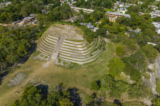 Aerial view of Kinich Kakmo pyramids in Izamal, Yucatan, Mexico.