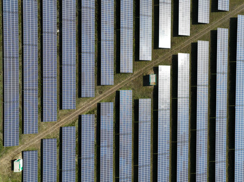 Aerial view of peatland photovoltaic panels at the ecological Solarpark Klein Rheide, Schleswig-Holstein, Germany.