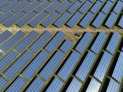 Aerial view of peatland photovoltaic panels at the ecological Solarpark Klein Rheide, Schleswig-Holstein, Germany.
