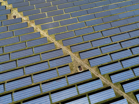 Aerial view of peatland photovoltaic panels at the ecological Solarpark Klein Rheide, Schleswig-Holstein, Germany.