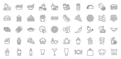 Restaurant menu line icons set. Salad, breakfast, fast food dinner, pizza, pasta, sushi, cocktails, vegetarian meal, tacos vector illustration. Outline signs for takeaway lunch. Editable Stroke