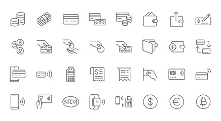 Payment line icons set. Cash money, coins in hand, credit card, wallet, bank check, cashless pay, receipt, contactless purchase vector illustration. Outline signs for finance app. Editable Stroke - 588298584