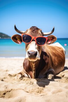 A cow with sunglasses sunbathing on the beach sand in summertime Generative AI Illustration