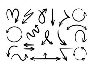 A set of hand drawn sketch arrows. Vector black arrows. Set of isolated arrows.