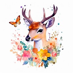 Painting of a cute deer and spring flowers with water colors Generative AI Illustration