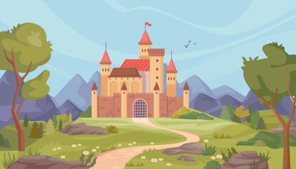 Fototapeta na wymiar Landscape with castle and nature, mountains and greenery. Historical sight or architecture attraction, sightseeing. Vector fairy tale royal palace in flat cartoon illustration