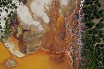 Aerial view of post-coal landscape, now a protected nature habitat Wanninchen, Brandenburg, Germany.