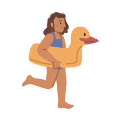 Girl child wearing inflatable lifebuoy in form of duck running. Isolated kid in swimming suit, pool or beach recreation. Cartoon character, vector in flat style